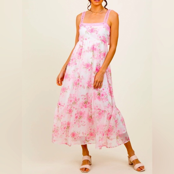 By The River Dresses & Skirts - By the River Pink Floral Dress Size L - Crochet Straps & Tiered Skirt